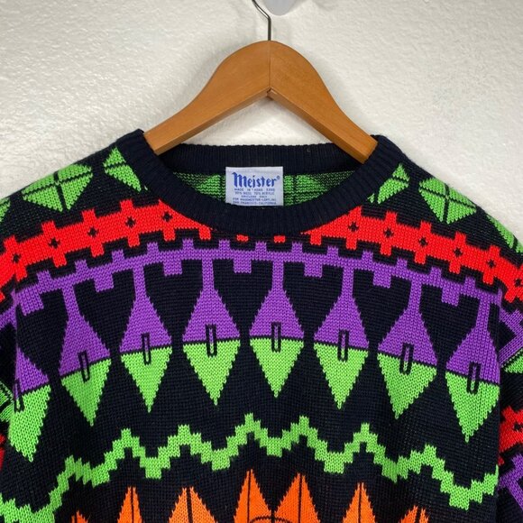 Vintage Meister Ski Sweater Wool Acrylic Geometric Neon 80's Sweater Sz S UNISEX - Picture 4 of 11